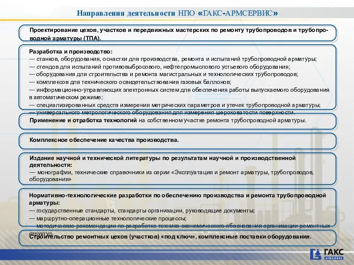 Направления деятельности НПО «ГАКС-АРМСЕРВИС» Разработка и производство: — станков, оборудования, оснастки