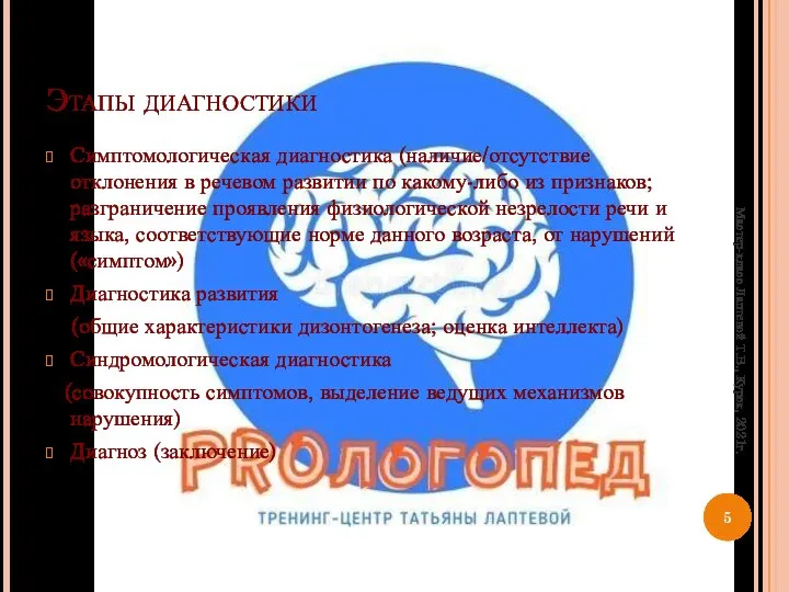 Этапы диагностики Симптомологическая диагностика (наличие/отсутствие отклонения в речевом развитии по какому-либо