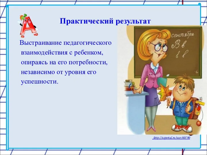 Практический результат Выстраивание педагогического взаимодействия с ребенком, опираясь на его потребности, независимо от уровня его успешности.