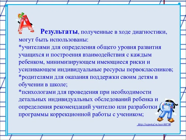 Результаты, полученные в ходе диагностики, могут быть использованы: *учителями для определения