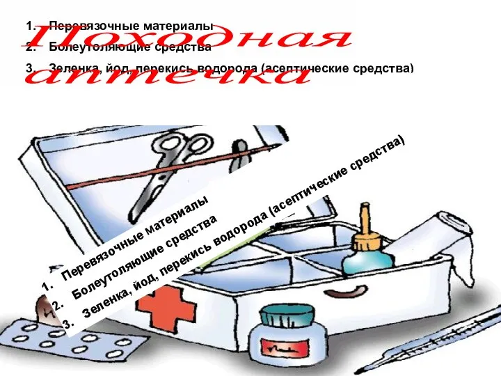 Перевязочные материалы Болеутоляющие средства Зеленка, йод, перекись водорода (асептические средства) Походная