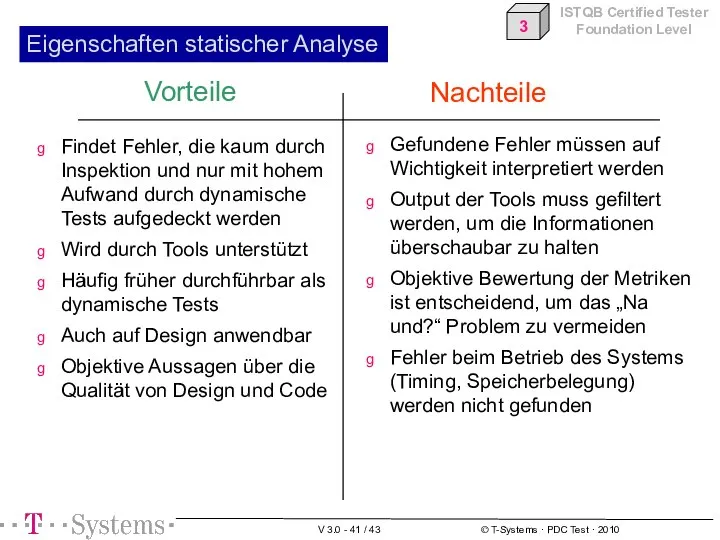 Eigenschaften statischer Analyse Vorteile Nachteile Findet Fehler, die kaum durch Inspektion