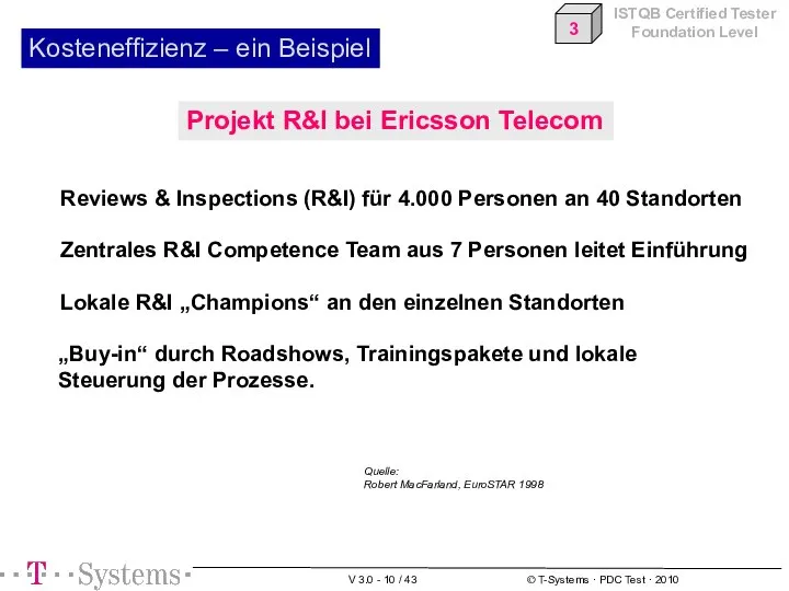 Kosteneffizienz – ein Beispiel Projekt R&I bei Ericsson Telecom Quelle: Robert