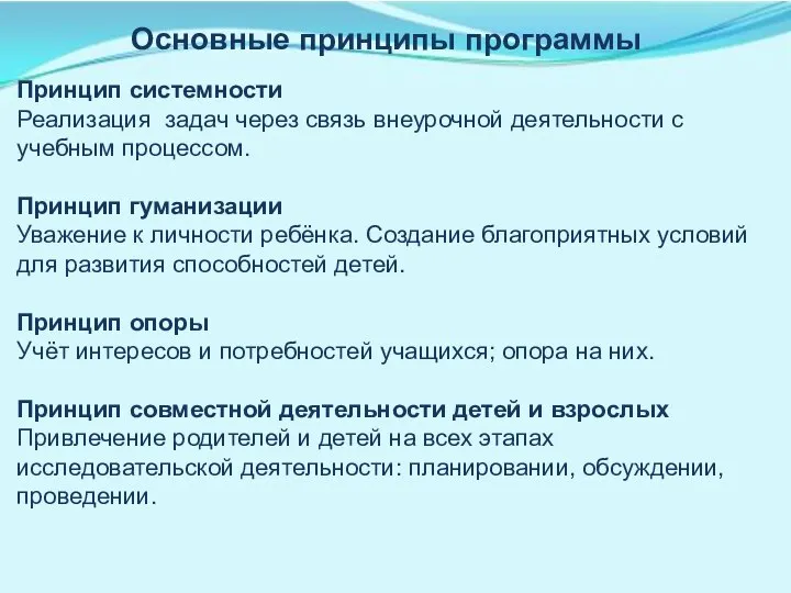 Основные принципы программы Принцип системности Реализация задач через связь внеурочной деятельности