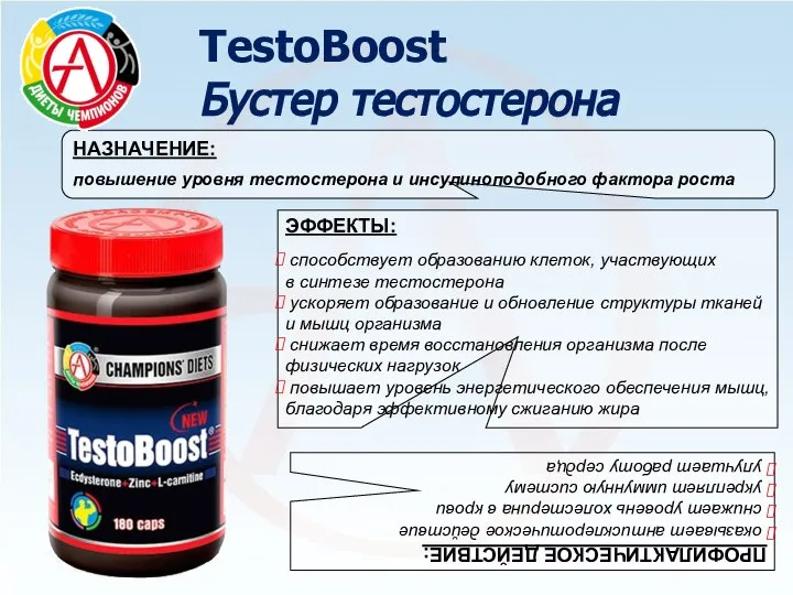 TestoBoost Бустер тестостерона НАЗНАЧЕНИЕ: повышение уровня тестостерона и инсулиноподобного фактора роста