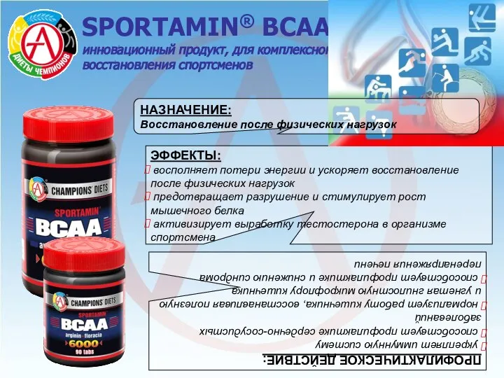 SPORTAMIN® ВСАА 6000 - инновационный продукт, для комплексного восстановления спортсменов ЭФФЕКТЫ: