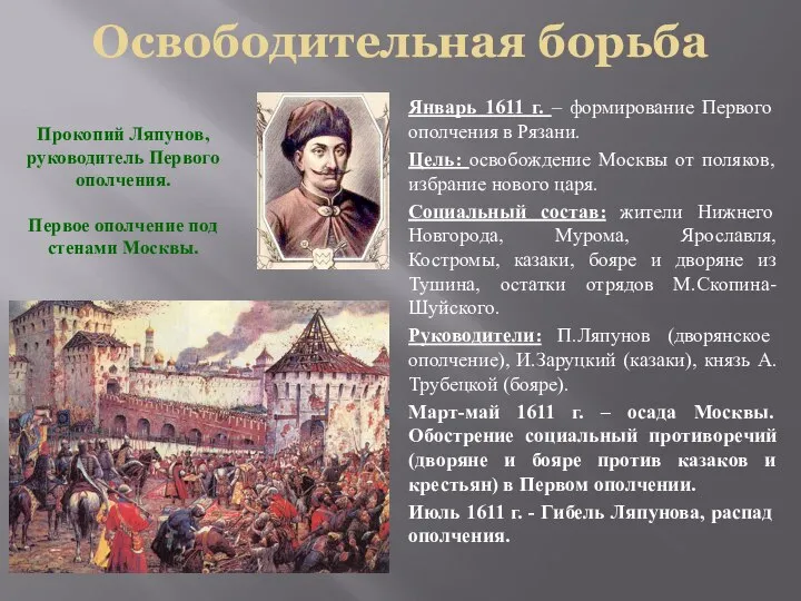 Освободительная борьба Прокопий Ляпунов, руководитель Первого ополчения. Первое ополчение под стенами