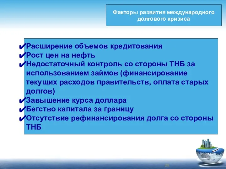 Факторы развития международного долгового кризиса к Расширение объемов кредитования Рост цен