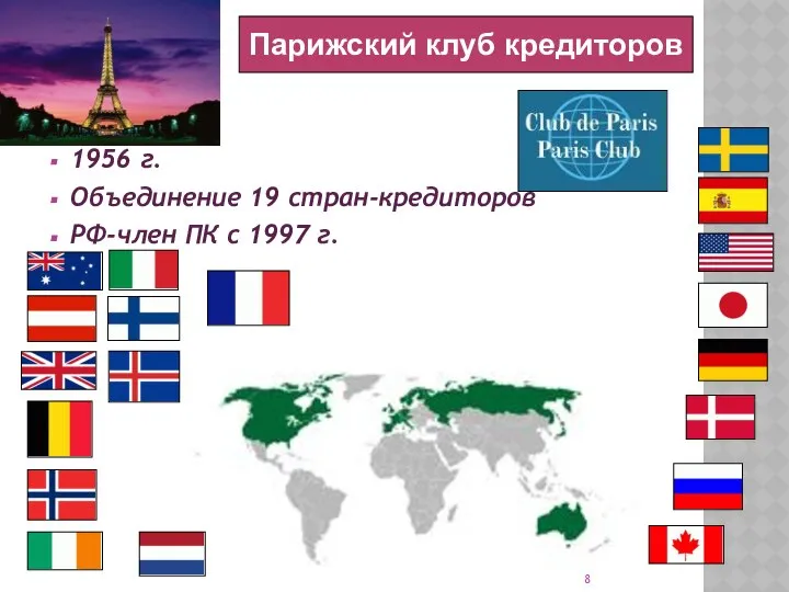 1956 г. Объединение 19 стран-кредиторов РФ-член ПК с 1997 г. Парижский клуб кредиторов