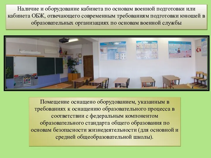 Наличие и оборудование кабинета по основам военной подготовки или кабинета ОБЖ,