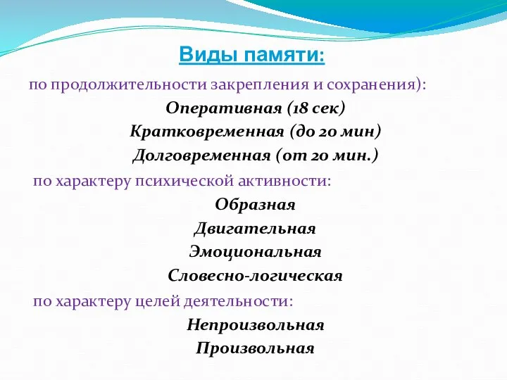 Виды памяти: по продолжительности закрепления и сохранения): Оперативная (18 сек) Кратковременная