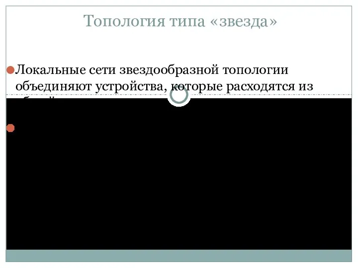 Топология типа «звезда» Локальные сети звездообразной топологии объединяют устройства, которые расходятся