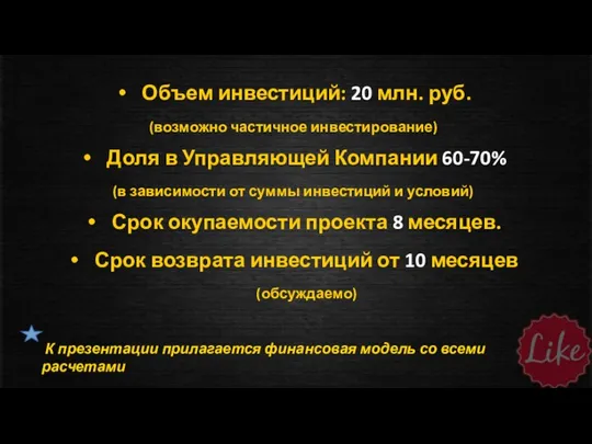 К презентации прилагается финансовая модель со всеми расчетами Объем инвестиций: 20