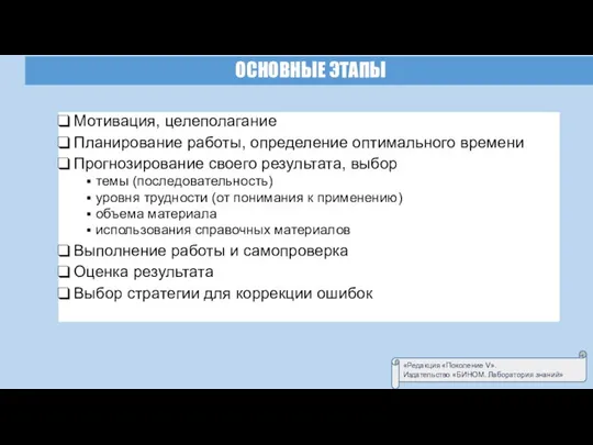 ОСНОВНЫЕ ЭТАПЫ Мотивация, целеполагание Планирование работы, определение оптимального времени Прогнозирование своего