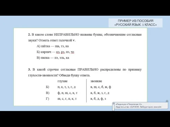 «Редакция «Поколение V». Издательство «БИНОМ. Лаборатория знаний» ПРИМЕР ИЗ ПОСОБИЯ «РУССКИЙ ЯЗЫК. 1 КЛАСС»