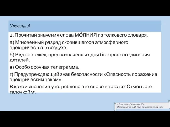 Уровень А 1. Прочитай значения слова МО́ЛНИЯ из толкового словаря. а)