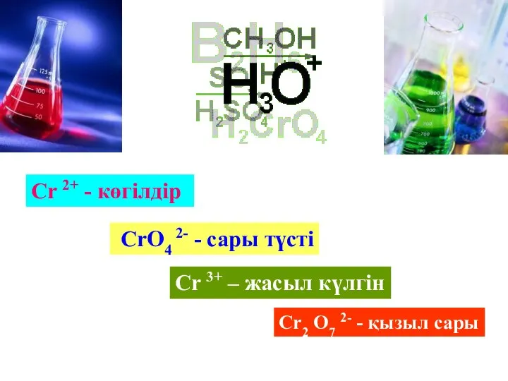 Cr 2+ - көгілдір Cr 3+ – жасыл күлгін CrO4 2-