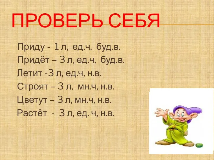 ПРОВЕРЬ СЕБЯ Приду - 1 л, ед.ч, буд.в. Придёт – 3