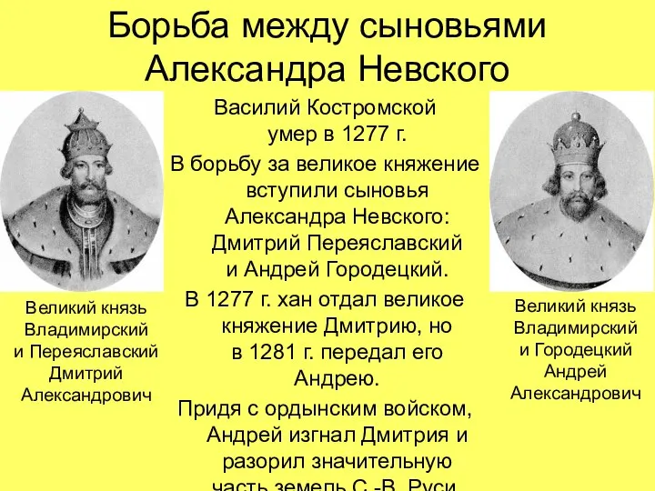 Борьба между сыновьями Александра Невского Василий Костромской умер в 1277 г.