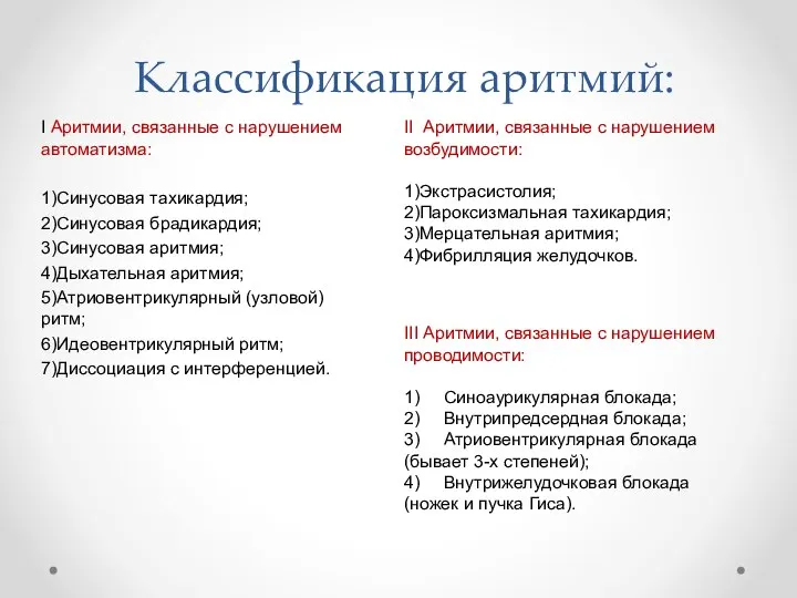 Классификация аритмий: I Аритмии, связанные с нарушением автоматизма: 1)Синусовая тахикардия; 2)Синусовая