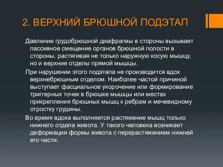 2. ВЕРХНИЙ БРЮШНОЙ ПОДЭТАП Давление грудобрюшной диафрагмы в стороны вызывает пассивное