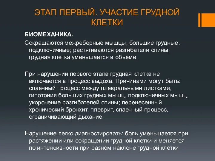 ЭТАП ПЕРВЫЙ. УЧАСТИЕ ГРУДНОЙ КЛЕТКИ БИОМЕХАНИКА. Сокращаются межреберные мышцы, большие грудные,