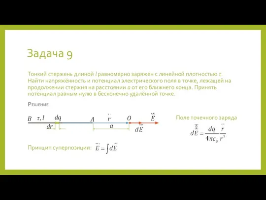 Задача 9 Тонкий стержень длиной l равномерно заряжен с линейной плотностью