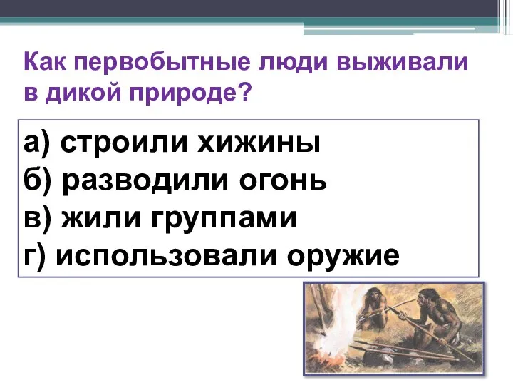 а) строили хижины б) разводили огонь в) жили группами г) использовали