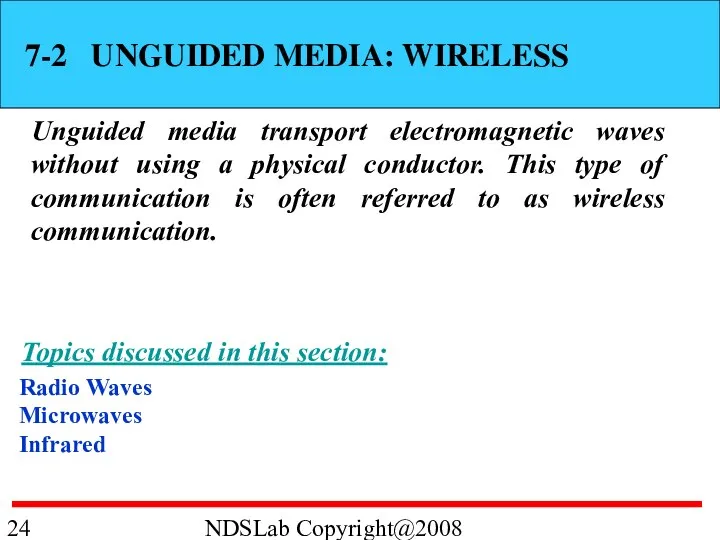 NDSLab Copyright@2008 7-2 UNGUIDED MEDIA: WIRELESS Unguided media transport electromagnetic waves