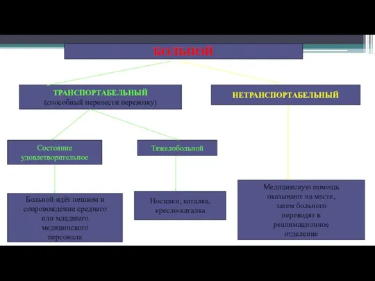 БОЛЬНОЙ ТРАНСПОРТАБЕЛЬНЫЙ (способный перенести перевозку) НЕТРАНСПОРТАБЕЛЬНЫЙ Медицинскую помощь оказывают на месте,