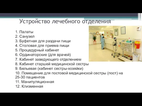 Устройство лечебного отделения 1. Палаты 2. Санузел 3. Буфетная для раздачи