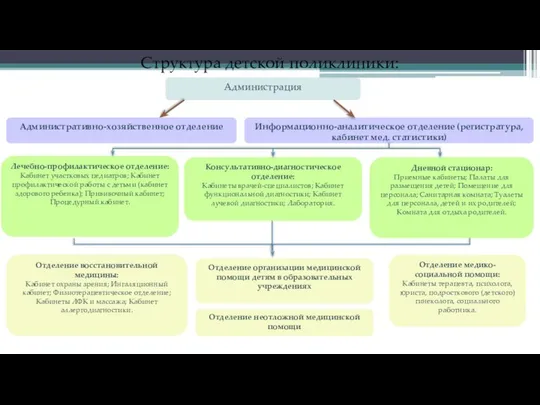 Структура детской поликлиники: Административно-хозяйственное отделение Информационно-аналитическое отделение (регистратура, кабинет мед. статистики)