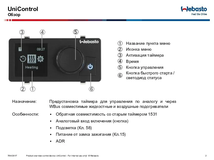 Product overview control device UniControl - For internal use only! ©