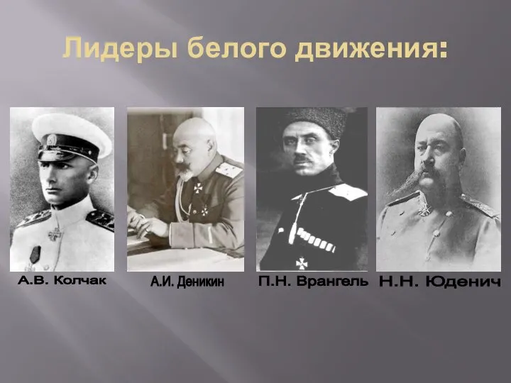 Лидеры белого движения: А.В. Колчак А.И. Деникин П.Н. Врангель Н.Н. Юденич