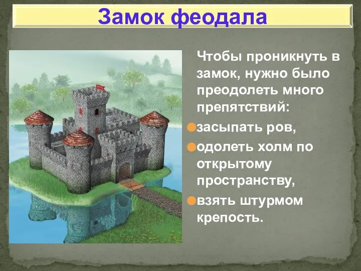 Чтобы проникнуть в замок, нужно было преодолеть много препятствий: засыпать ров,