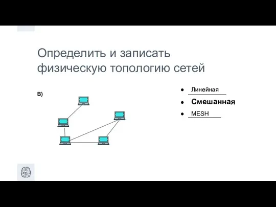 Определить и записать физическую топологию сетей В) Линейная Смешанная MESH