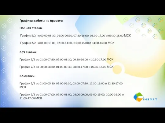 Графики работы на проекте: Полная ставка: График 5/2 : с 00:00-08:30,