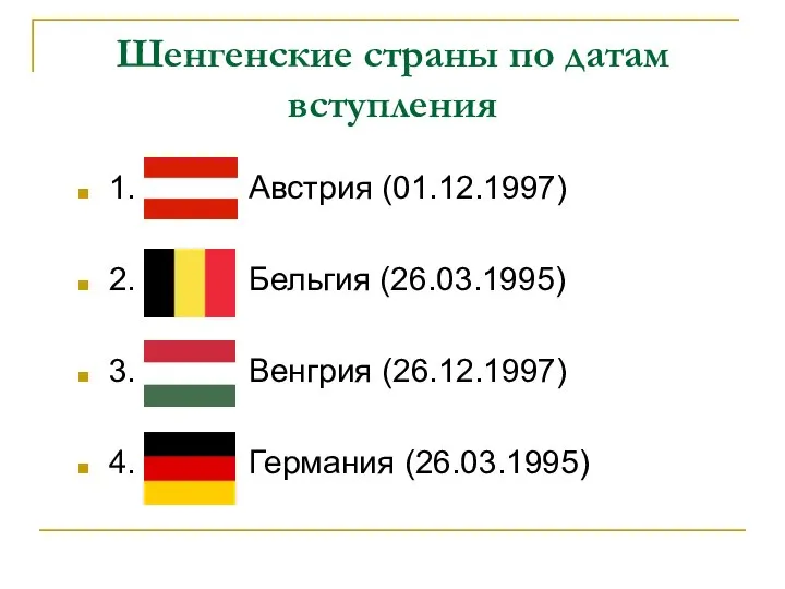 Шенгенские страны по датам вступления 1. Австрия (01.12.1997) 2. Бельгия (26.03.1995)