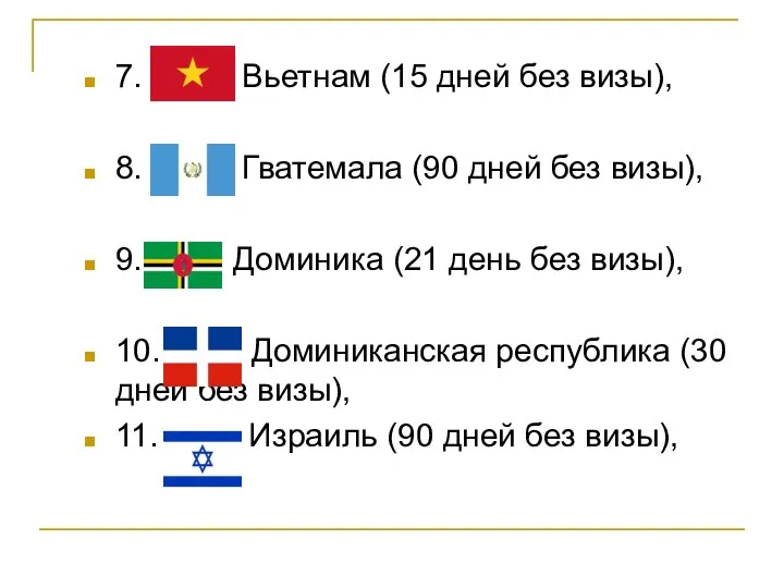 7. Вьетнам (15 дней без визы), 8. Гватемала (90 дней без