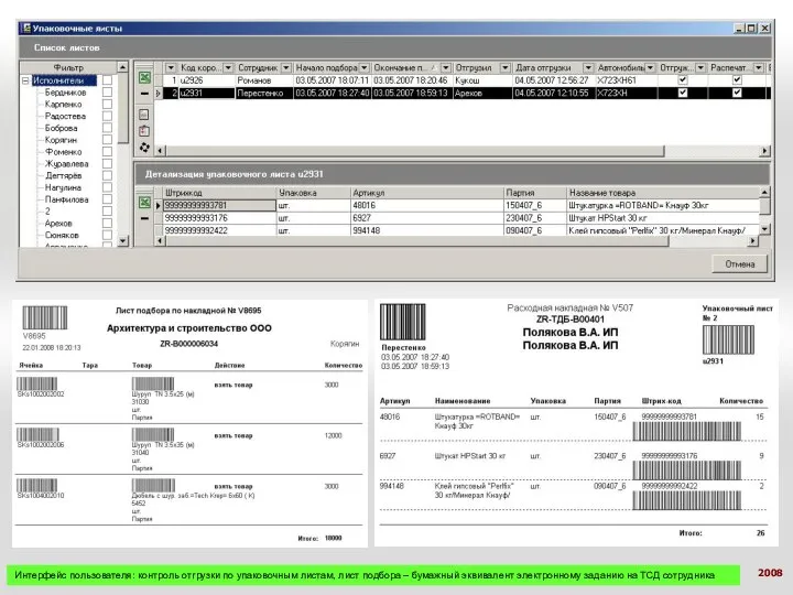 Интерфейс пользователя: контроль отгрузки по упаковочным листам, лист подбора – бумажный