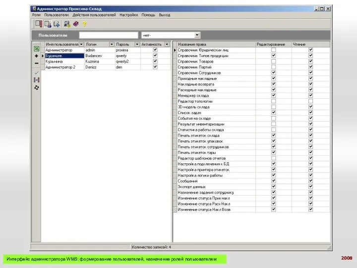 Интерфейс администратора WMS: формирование пользователей, назначение ролей пользователям 2008