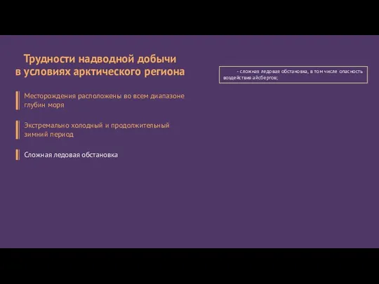 - сложная ледовая обстановка, в том числе опасность воздействия айсбергов; Трудности