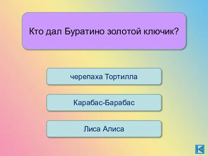 Кто дал Буратино золотой ключик? Карабас-Барабас черепаха Тортилла Лиса Алиса