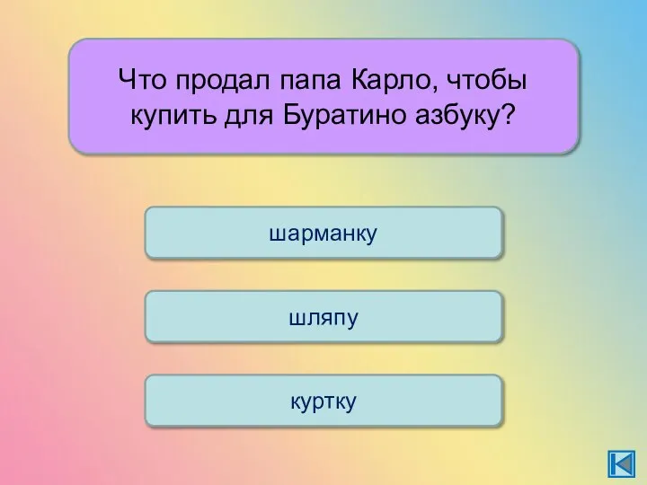 Что продал папа Карло, чтобы купить для Буратино азбуку? шляпу куртку шарманку