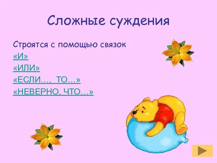 Сложные суждения Строятся с помощью связок «И» «ИЛИ» «ЕСЛИ…, ТО…» «НЕВЕРНО, ЧТО…»