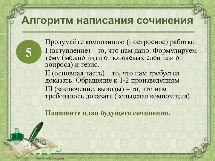 Алгоритм написания сочинения Продумайте композицию (построение) работы: I (вступление) – то,