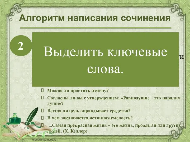 Алгоритм написания сочинения Выделите в теме ключевые слова, в которых заключен