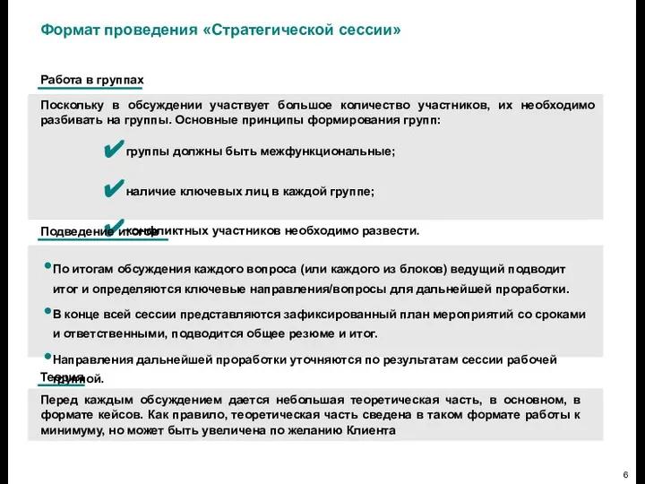 Формат проведения «Стратегической сессии» Работа в группах Поскольку в обсуждении участвует