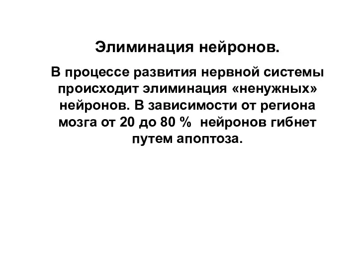 Элиминация нейронов. В процессе развития нервной системы происходит элиминация «ненужных» нейронов.