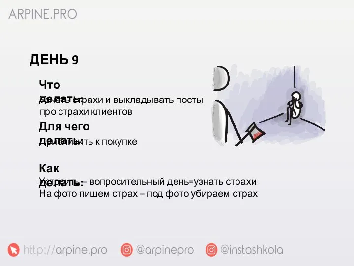 Узнать страхи и выкладывать посты про страхи клиентов Что делать: Приблизить